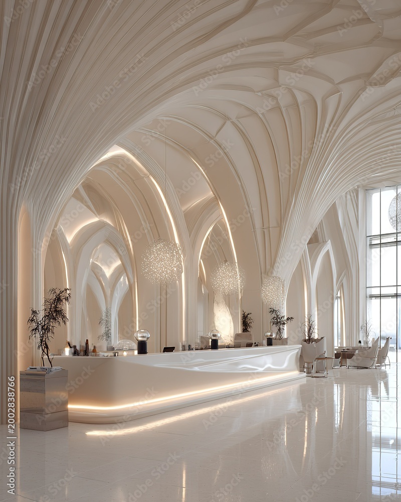 Fototapeta premium Futuristic Luxury Hotel Lobby with Organic Vaulted Ceiling