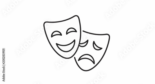 Outline of theatrical masks, one happy, one sad, on a white background