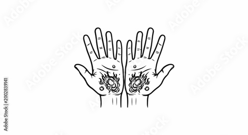 Outstretched hands with intricate henna-like designs on palms