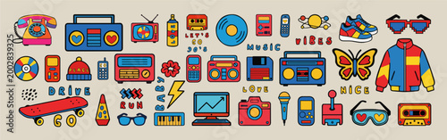 Retro 90s style pop culture elements in vibrant doodle style. Nostalgic electronic gadgets and fashion accessories for 1990s party decor. Vintage tech vector illustrations for sticker set.