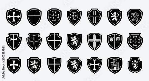 Set of Medieval Heraldic Shields with Crosses and Lion Emblems