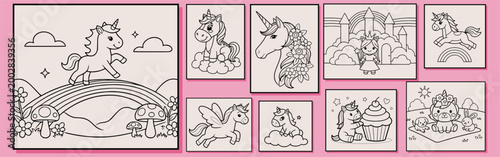Enchanted unicorn family coloring set in linear doodle style. Mythical creatures and rainbow landscapes for kids hobby and art therapy. Fairytale animal vector elements for printable stickers.