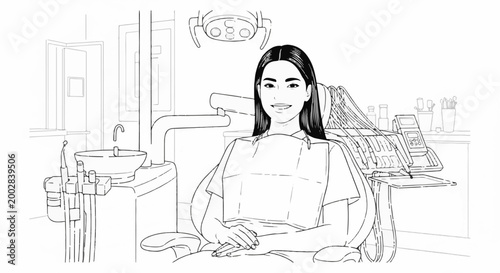 Patient sits in a dental chair, smiling under a light