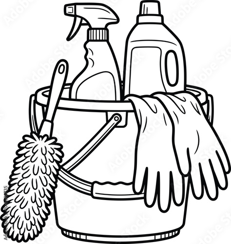 Black and white cleaning supplies bucket with spray bottle detergent and duster for coloring book illustration.