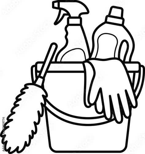 Professional cleaning bucket set with spray bottle gloves and feather duster outline vector illustration.