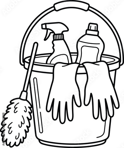 Professional cleaning supplies in a bucket with gloves and duster vector outline for domestic chores education.