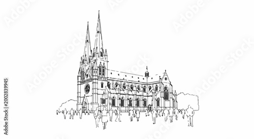 Ornate gothic cathedral with twin spires, surrounded by people