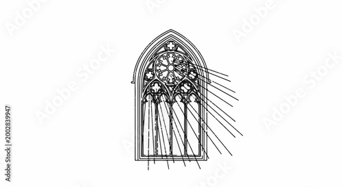 Ornate gothic rose window with radiating light beams