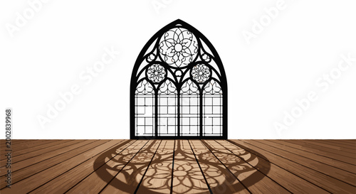 Ornate Gothic window casting intricate shadow patterns on wooden floor