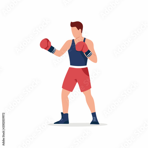 Boxer in fighting stance with red gloves and shorts