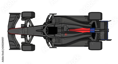 Overhead vector illustration of a sleek, black Formula One race car with red accents and blue engine detailing, isolated against a stark white background in a minimalist, technical style