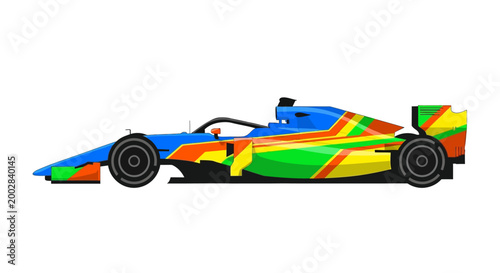 Side view of a vibrant, colorfully painted formula race car with blue, green, yellow, and orange hues speeding by, captured as a clean vector illustration isolated against a bright white