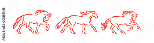 Horses in motion, doodle outline drawings set. Handdrawn equine animals runni...