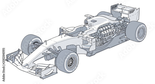 Detailed technical illustration of a Formula One car's internal structure, showcasing the engine and chassis in a cutaway view with a blueprint style against a plain white background