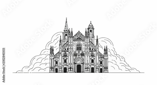 Ornate Gothic cathedral's facade framed by stylized clouds in a monochrome line drawing