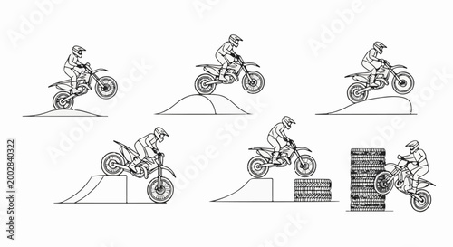 Motorcyclists perform stunts on ramps and obstacles like tires