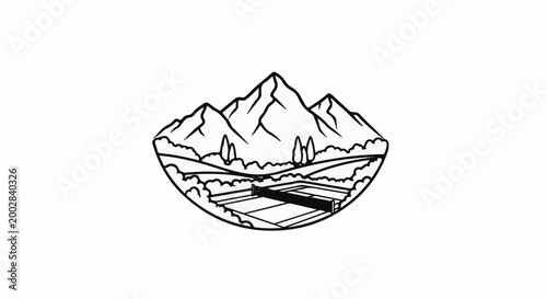 Mountain backdrop behind a tennis court and surrounding trees and hills