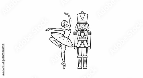 Outline drawing of a ballerina and a nutcracker figure