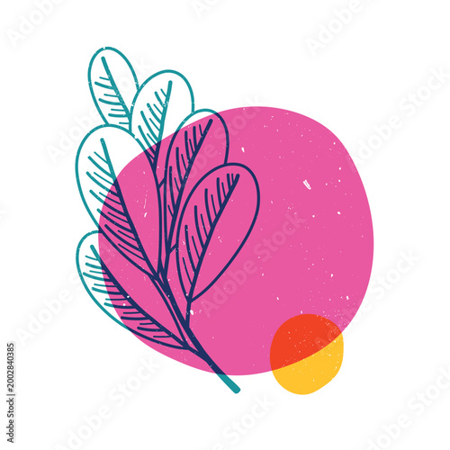 Tropical leaves with geometric shape. Colorful cute screen printing effect. Riso print. Vector illustration. Graphic element for fabric, textile, clothing, wrapping paper, wallpaper