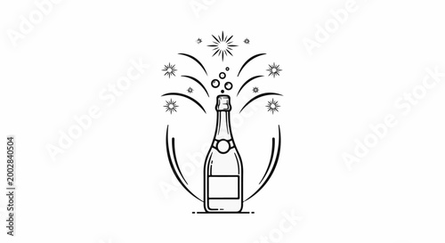 Minimalist line art of a popping champagne bottle with bubbles and stars