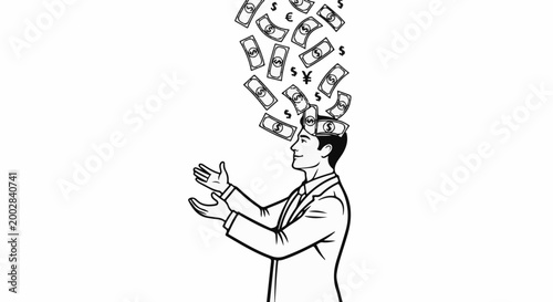 Man in suit catching falling money raining from sky
