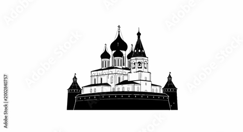 Ornate black and white illustration of a large religious structure with domes and towers