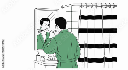 Man in robe brushes teeth in bathroom mirror next to striped shower curtain