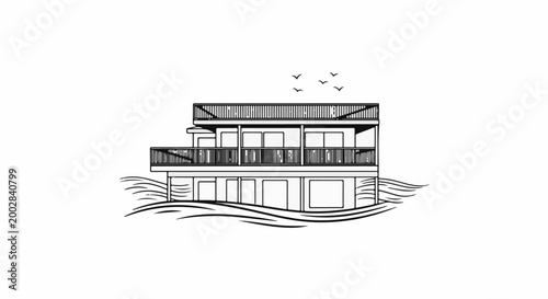 Multi-level house with balconies and railings on water