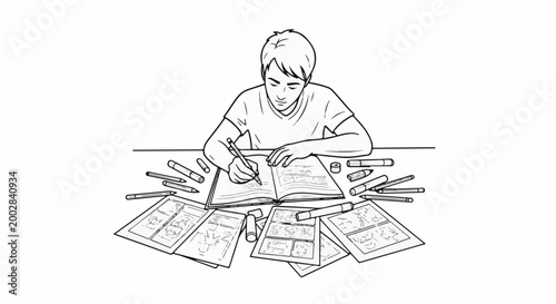 Person drawing comic book panels at a desk with art supplies