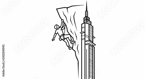 Person free climbing a steep rock face beside a tall skyscraper