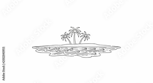 Minimalist outline of a tropical island with palm trees and wavy ocean