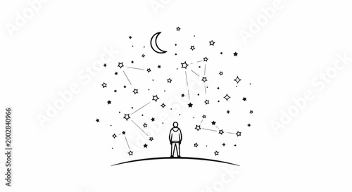 Person gazes at constellations and crescent moon in starry night sky