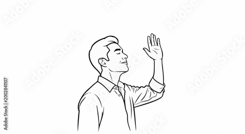 Man in a collared shirt with eyes closed raises his hand