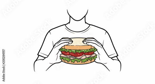 Person holding a large, colorful sandwich with layered ingredients