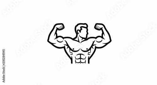 Muscular bodybuilder flexing biceps, stylized line art with defined abs