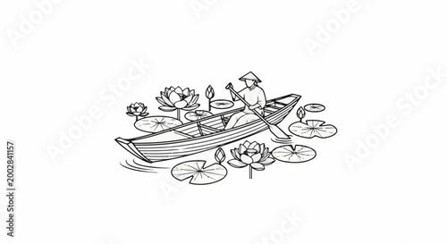 Person in a conical hat rows a boat through a pond filled with water lilies
