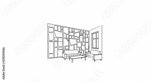 Minimalist interior sketch of a seating area with a textured wall and window