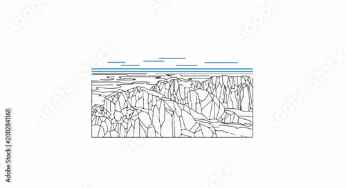 Minimalist landscape of jagged mountain peaks and a stylized sky with blue lines