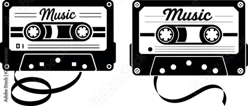 Retro music cassette tape with flowing ribbon and the word "music" magnetic tape pop culture audio cassette fast forward recording nostalgia
