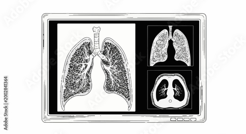 Medical illustration showing lungs, including a frontal view and cross-sections