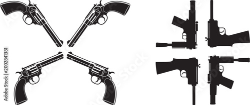 Collection of vintage revolvers and modern pistols silhouettes with wild west old west revolver silhouette gangster security enforcement