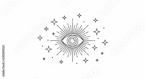 Mystical eye with radiating lines and stars on a white background