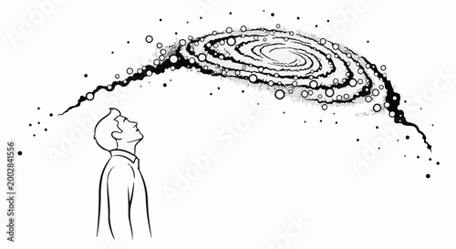 Man gazes upwards at a swirling spiral galaxy and scattered stars