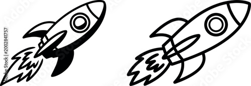 Cartoon rocket ship blasting off with fiery exhaust depicted in both a filled silhouette and an outline style spacecraft illustration spaceship