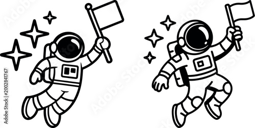 Astronauts floating in space with flags and stars one in silhouette representing exploration and discovery zero gravity astronaut exploration