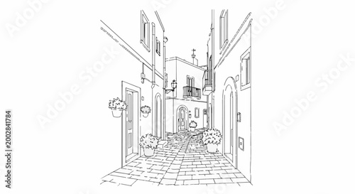 Narrow cobblestone alley lined with potted plants and charming buildings