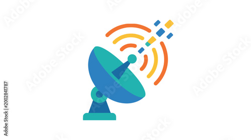 Vector icon of a satellite dish with signals, flat tech style, white background