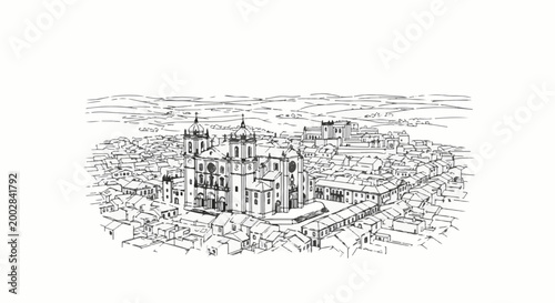 Ornate cathedral dominates a densely packed townscape under rolling hills