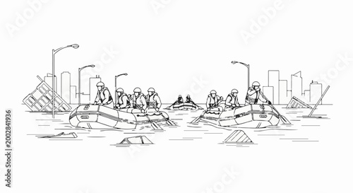 People in boats navigate flooded city streets during a disaster