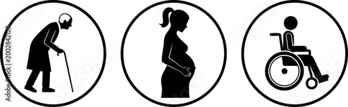 Icons representing different life stages: elderly person pregnant woman person in wheelchair human rights pregnant pregnancy wheelchair